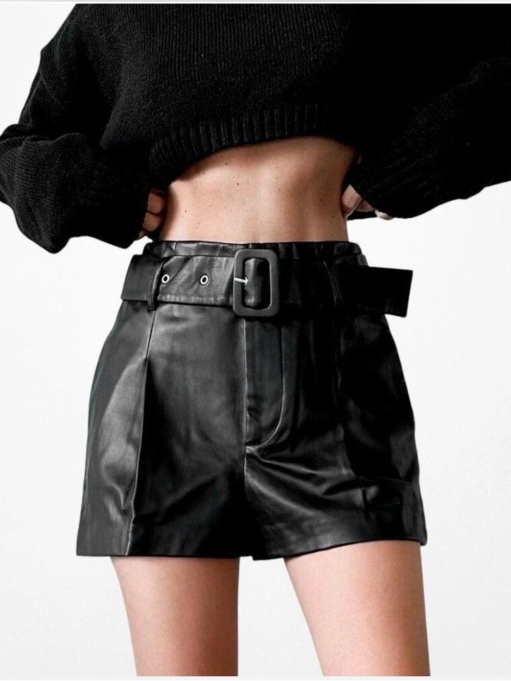 Zara Black Faux Leather High-Waist Belted Shorts NWOT